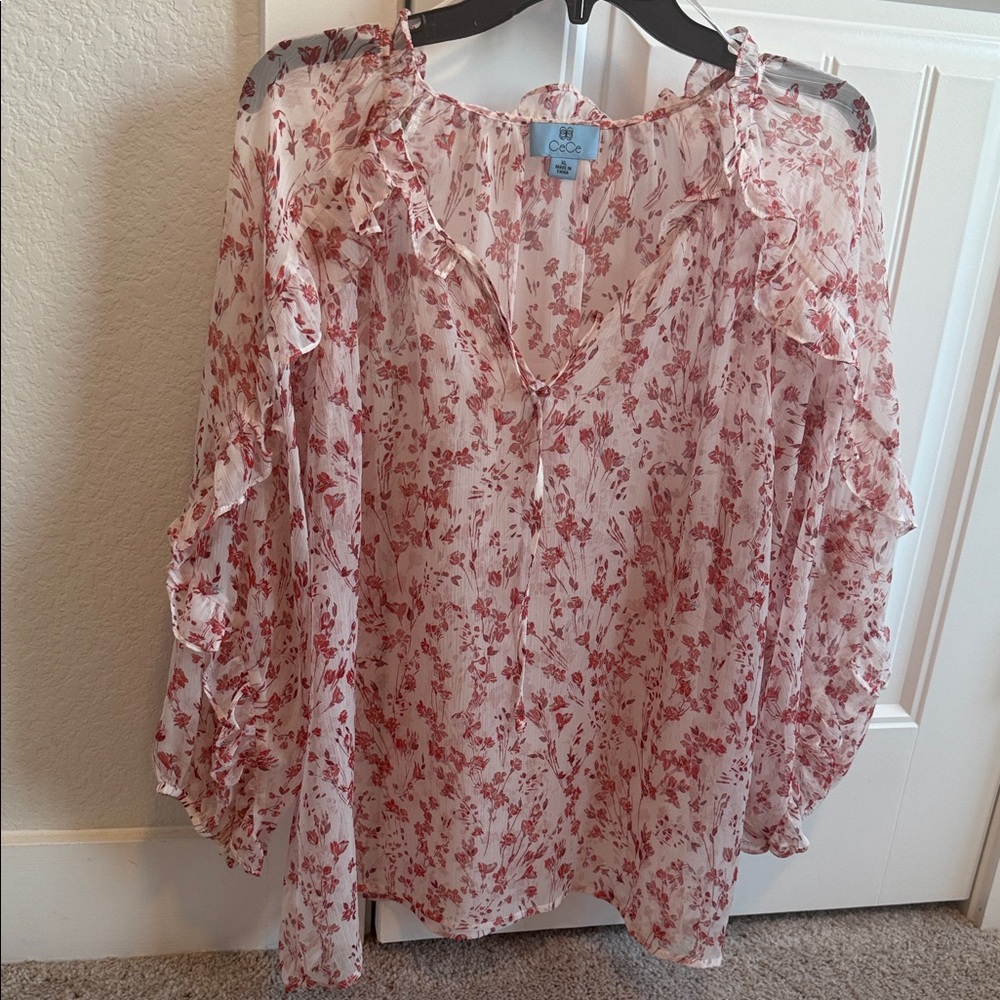CeCe Pink Floral Ruffle Blouse
